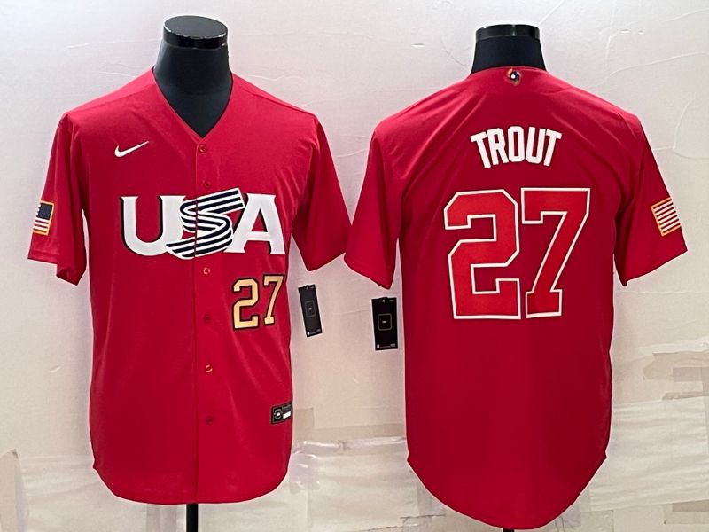 Men 2023 World Cub USA #27 Trout Red Nike MLB Jersey5